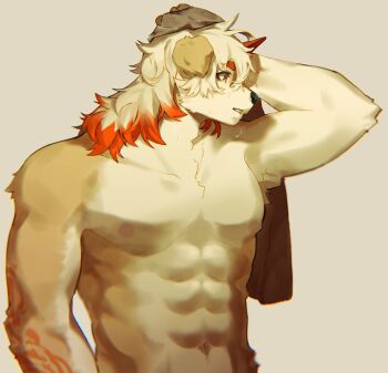 1boy abs absurdres arknights arm_up furry furry_male highres holding holding_towel horns hung_(arknights) long_hair looking_to_the_side male_focus multicolored_hair muscular muscular_male mythological_creature orange_eyes pectorals pluto_(pu94_d1de4c) simple_background single_horn topless_male towel upper_body