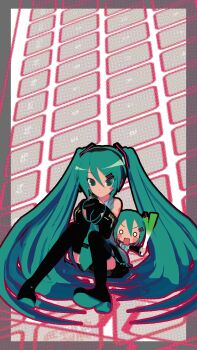 2girls 3d abstract_background absurdres animasa_model_(mikumikudance) aqua_eyes aqua_hair aqua_necktie bare_shoulders black_sleeves blush_stickers boots detached_sleeves dual_persona food grey_shirt hachune_miku hair_between_eyes hair_ornament hatsune_miku headphones headset highres holding holding_food holding_spring_onion holding_vegetable kio_(majin_kz) long_hair looking_at_viewer mikumikudance_(medium) multiple_girls necktie number_tattoo o_o open_mouth shirt skirt sleeveless sleeveless_shirt smile spring_onion tattoo thigh_boots twintails variant_set vegetable very_long_hair vocaloid