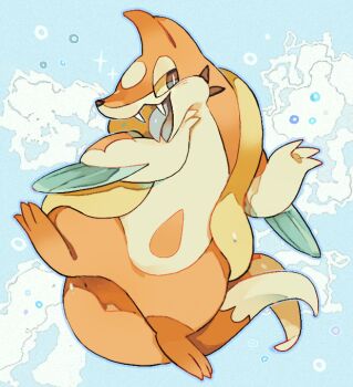 :3 akadako animal_focus bags_under_eyes blue_background blue_eyes blue_outline bright_pupils bubble colored_sclera fangs floatzel full_body gen_4_pokemon half-closed_eyes hands_up happy looking_to_the_side nintendo no_humans one-hour_drawing_challenge open_mouth outline pokemon pokemon_(creature) smile solo sparkle tongue tongue_out underwater white_pupils yellow_sclera