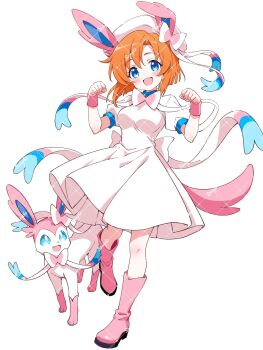 1girl :d blue_eyes blush boots bow bowtie breasts cosplay dress full_body gen_6_pokemon hands_up hat highres higurashi_no_naku_koro_ni looking_at_viewer medium_breasts nintendo niyane open_mouth orange_hair pink_boots pokemon pokemon_(creature) rubber_boots ryuuguu_rena sample_watermark short_hair short_sleeves simple_background smile standing standing_on_one_leg sylveon sylveon_(cosplay) watermark watermark_grid white_background white_bow white_bowtie white_dress white_hat