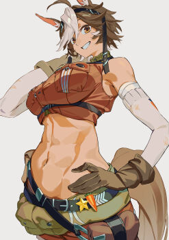 1girl absurdres ahoge animal_ears belt_pouch breasts brown_eyes brown_gloves brown_hair brown_shorts commentary_request commission crop_top elbow_gloves gloves highres horse_ears horse_girl horse_tail ibaraki_shun indie_virtual_youtuber large_breasts layered_gloves looking_at_viewer multicolored_hair navel pouch short_hair shorts skeb_commission smile solo tail tomoe_umari toned toned_female virtual_youtuber white_background white_hair