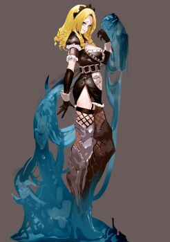 1girl black_dress blonde_hair blue_eyes detached_collar dress fishnet_thighhighs fishnets highres kamisama968 looking_at_viewer maid monster_girl overlord_(maruyama) ribbon-trimmed_dress ribbon_trim slime_(substance) slime_girl solo solution_epsilon thighhighs