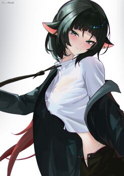 1girl absurdres animal_ears black_hair black_jacket breasts button_gap chowol closed_mouth crop_top green_eyes hair_intakes highres jacket jane_doe_(zenless_zone_zero) long_sleeves looking_at_viewer medium_breasts medium_hair midriff mouse_ears off_shoulder open_clothes open_fly open_jacket panties shirt simple_background smile solo string_panties underwear upper_body white_background white_shirt zenless_zone_zero
