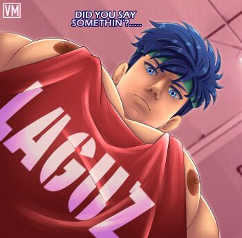 1boy alternate_costume bara blue_eyes blue_hair closed_mouth commentary contemporary english_commentary english_text fire_emblem fire_emblem:_radiant_dawn from_below green_headband headband highres ike_(fire_emblem) large_pectorals male_focus meme muscular muscular_male nintendo nipples pec_pov_(meme) pectorals solo tank_top vocalartso