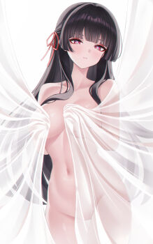 1girl absurdres black_hair breasts chisa_(wuthering_waves) collarbone commentary completely_nude hair_ribbon highres long_hair looking_at_viewer medium_breasts mole mole_under_eye navel no_nipples no_pussy nude parted_lips red_eyes red_ribbon ribbon sglike365 solo stomach wuthering_waves