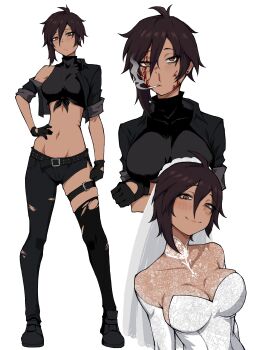 1girl :/ absurdres belt black_belt black_gloves black_jacket black_pants black_thighhighs blood blood_on_face breasts brown_eyes brown_hair cigarette commentary cropped_jacket cropped_shirt dark-skinned_female dark_skin dispatch dress earrings english_commentary full_body gloves groin hand_on_own_hip highres invisigal_(dispatch) jacket jewelry kekel large_breasts medium_hair multiple_views navel off_shoulder open_clothes open_jacket pants shirt simple_background single_thighhigh smile smoking stud_earrings thighhighs thighs tied_shirt torn_clothes torn_thighhighs upper_body wedding_dress white_background white_dress