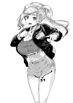 1girl american_flag arrow_(symbol) breasts bright_pupils cleavage commentary_request cowboy_shot dolphin_shorts drawstring fingernails greyscale highres jacket jewelry large_breasts long_bangs long_fingernails long_hair long_sleeves looking_at_viewer midriff monochrome navel necklace open_clothes open_jacket open_mouth original parted_bangs short_shorts shorts smile solo sports_bra standing tanaka_mamoru_(arxelhea0110) thighs tied_drawstring unzipped zipper_pull_tab