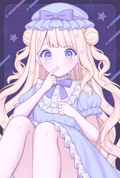Rule 34 | 1girl, blonde hair, blue bow, blue bowtie, blue dress, blue eyes, bow, bowtie, clenched hand, commentary request, convenient leg, double bun, dress, feet out of frame, finger to mouth, frilled dress, frilled sleeves, frills, hair bun, hair ornament, hat, highres, knees up, light blush, long hair, looking at viewer, mob cap, original, purple background, san nana, single sidelock, sitting, solo, star (symbol), star hair ornament