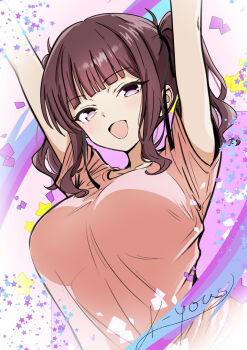 1girl :d arms_up artist_name blush breasts brown_hair commentary_request crew_neck grey_eyes highres k-yous large_breasts looking_at_viewer medium_hair natsuki_karin no_pupils open_mouth pink_shirt purple_background see-through_silhouette shirt short_sleeves sidelocks signature smile solo star_(symbol) synthesizer_v t-shirt twintails upper_body white_background