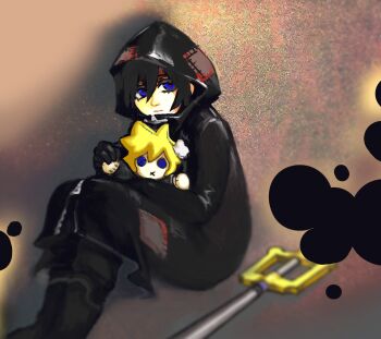 1girl black_coat_(kingdom_hearts) black_hair blonde_hair blue_eyes boots button_eyes buttons character_doll cloak closed_mouth coat commentary doll english_commentary eyelashes gloves highres holding holding_stuffed_toy hood keyblade kingdom_hearts kingdom_hearts_358/2_days looking_at_viewer organization_xiii patchwork_clothes roxas short_hair sitting snoozaga spiked_hair stuffed_toy stuffing x_mouth xion_(kingdom_hearts)