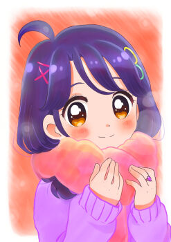 Rule 34 | 1girl, ahoge, bow, breath, closed mouth, commentary, hair bow, hair ornament, hairclip, highres, jewelry, kyanos (b 0000ff), long sleeves, looking at viewer, medium hair, orange eyes, pink scarf, portrait, precure, purple hair, purple sweater, ring, scarf, smile, solo, suzumura sango, sweater, tropical-rouge! precure, twintails, upper body, x hair ornament
