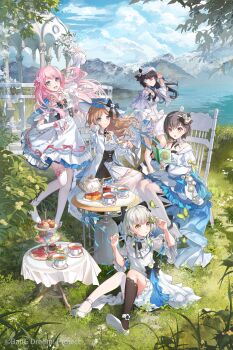 5girls ankle_cuffs arm_up artist_request asymmetrical_legwear bad_source bang_dream! bang_dream!_it's_mygo!!!!! black_hair black_ribbon black_socks blue_eyes blue_hat brown_eyes brown_hair bug butterfly center_frills chair chihaya_anon closed_mouth cloud copyright_notice cup cupcake day detached_sleeves dress fang floating_hair food frills full_body grey_eyes grey_hair hairband hat highres holding holding_notebook insect jacket kaname_raana lake long_hair long_sleeves looking_at_viewer macaron mountainous_horizon multiple_girls mygo!!!!!_(bang_dream!) nagasaki_soyo neck_ribbon notebook official_alternate_costume official_art on_chair on_ground open_mouth outdoors outstretched_arm pie pie_slice pink_hair purple_eyes ribbon second-party_source shiina_taki shirt shoe_soles shoes short_hair sidelocks sitting sky smile socks standing table takamatsu_tomori tea tea_party teacup teapot thighhighs tiered_tray water white_dress white_hairband white_jacket white_shirt white_shoes white_sleeves white_thighhighs wind yellow_butterfly