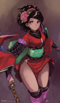 1girl armor black_hair brown_eyes comb david_liu flower hair_flower hair_ornament highres holding japanese_armor japanese_clothes katana kimono kote kurokote momohime oboro_muramasa sheath short_kimono shoulder_armor sode solo sword vanillaware watermark weapon