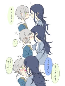 2girls blue_eyes blue_hair blue_jacket blush commentary food green_eyes grey_hair highres hinomori_shiho hood hoodie hoshino_ichika_(project_sekai) jacket kiss ku_st2710 long_hair multiple_girls open_mouth pocky pocky_day pocky_kiss project_sekai shared_food shirt simple_background speech_bubble sweat translation_request white_background white_hoodie white_shirt yuri