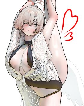 absurdres black_one-piece_swimsuit blonde_hair blue_archive breasts clothing_request commentary feathered_wings flexible halo highres holding_own_leg kneepits leg_lift leg_up long_hair low_wings medium_breasts nagisa_(blue_archive) nagisa_(swimsuit)_(blue_archive) official_alternate_costume official_alternate_hairstyle one-piece_swimsuit one_eye_closed ponytail split standing standing_on_one_leg standing_split sunglasses swimsuit tenshied730 white_wings wings