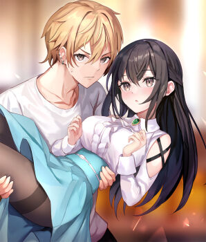 1boy 1girl aqua_skirt bare_shoulders black_hair black_pantyhose blonde_hair blush brown_eyes carrying carrying_person collarbone commentary_request danshi_kinsei_game_sekai_de_ore_ga_yarubeki_yuiitsu_no_koto_yuri_no_ma_ni_hasamaru_otoko_to_shite_tensei_shite_shimaimashita frills gem green_gemstone haishiki half_updo jewelry long_hair multiple_piercings official_art pantyhose parted_lips princess_carry sanjou_hiiro sanjou_rei shirt skirt sweatdrop white_shirt