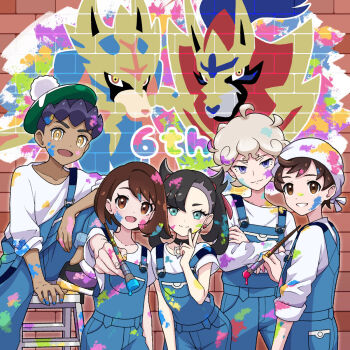 2girls 3boys :d alternate_costume bede_(pokemon) black_hair black_nails blonde_hair blue_overalls borrowed_accessory bright_pupils brown_eyes brown_hair closed_mouth commentary_request crossed_arms curly_hair gen_8_pokemon gloria_(pokemon) grin hair_ribbon hand_up hat highres holding holding_paintbrush hop_(pokemon) legendary_pokemon looking_at_viewer marnie_(pokemon) multiple_boys multiple_girls nail_polish nintendo open_mouth overalls paint_on_clothes paintbrush pokemon pokemon_swsh red_ribbon ribbon shirt short_sleeves smile suspenders tam_o&#039;_shanter teeth v victor_(pokemon) white_pupils yellow_eyes yuu_(jgvj7873) zacian zamazenta