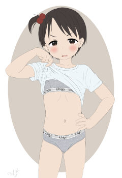 1girl blush bra brown_eyes brown_hair calvin_klein clothes_lift embarrassed flatculture hand_on_own_hip ichigo_mashimaro itou_chika lifting_own_clothes loli looking_at_viewer navel panties shirt shirt_lift short_hair standing training_bra underwear