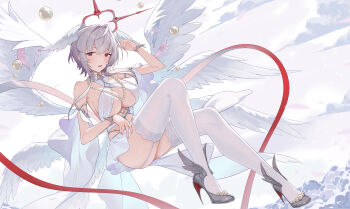 1girl absurdres azur_lane breasts cloud full_body garter_straps grey_shoes head_wings high_heels highres jewelry lace lace-trimmed_thighhighs lace_trim large_breasts looking_at_viewer medium_hair necklace parted_lips pearl_(azur_lane) pearl_necklace ping_zhong_yu red_eyes shoes sidelocks solo thighhighs white_garter_straps white_hair white_thighhighs white_wings wings
