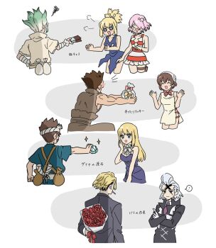 4girls 5boys blonde_hair chocolate chrome_(dr._stone) dr._stone facial_mark highres ishigami_senkuu kohaku_(dr._stone) luna_wright multicolored_hair multiple_boys multiple_girls ogawa_yuzuriha ooki_taiju ruri_(dr._stone) simple_background stanley_snyder_(dr._stone) two-tone_hair valentine white_hair xeno_(dr._stone) xoxoebimayo