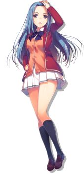 1girl absurdres advanced_nurturing_high_school_uniform black_bow black_bowtie black_socks blazer bow bowtie brown_eyes brown_shoes cardigan full_body hand_on_own_hip hasebe_haruka highres jacket loafers long_hair long_sleeves looking_at_viewer mole mole_under_eye official_art open_clothes open_jacket open_mouth orange_cardigan pleated_skirt red_jacket school_uniform shirt shoes simple_background skirt socks solo tomose_shunsaku transparent_background white_shirt white_skirt youkoso_jitsuryoku_shijou_shugi_no_kyoushitsu_e