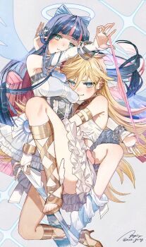 Rule 34 | 2girls, armlet, asa going, blonde hair, blue eyes, blue hair, blue halo, blunt bangs, blush, bracelet, breasts, bridal gauntlets, cheek-to-breast, closed mouth, dress, ear piercing, earrings, gladiator sandals, gold armlet, hair between eyes, halo, hashtag-only commentary, highres, holding, holding panties, holding underwear, holding unworn clothes, jewelry, long hair, looking at viewer, medium breasts, multicolored hair, multiple girls, panties, panty &amp; stocking with garterbelt, panty (psg), piercing, pink panties, pink streaks, sandals, siblings, silver bracelet, sisters, smile, stocking (psg), streaked hair, underwear, unworn panties, white bridal gauntlets, white dress, winged sandals