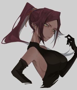 1girl 2024 bare_shoulders black_leotard bleach breasts closed_mouth dark-skinned_female dark_skin elbow_gloves female_focus gloves hair_ornament highres large_breasts leotard long_hair parted_bangs ponytail purple_hair shihouin_yoruichi simple_background ui_1231 yellow_eyes