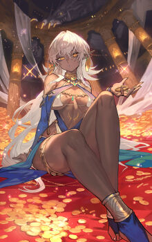 1girl anklet bare_shoulders bikini blue_eyeliner blue_lips bracelet breast_curtains breasts bridal_legwear claws coin colonnade column commentary_request dark-skinned_female dark_elf dark_elf_dancer_(lack) dark_skin detached_sleeves earrings elf eyeliner fire giant giant_monster gold_bangle gold_bracelet gold_coin gold_earrings gold_thighlet harem_outfit highres holding holding_jewelry jewelry lack large_breasts long_hair looking_at_viewer makeup monster neck_ring on_floor original peeking_out pile_of_money pillar pointy_ears revealing_clothes ring sconce sharp_teeth sitting sparkle stomach_tattoo swimsuit tattoo teeth thighlet toeless_legwear very_long_hair white_bikini white_hair yellow_eyes