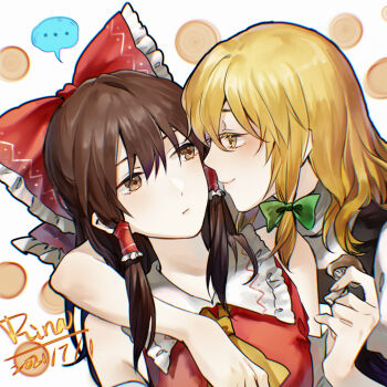 ... 2girls absurdres aihara-rina arm_around_shoulder ascot black_vest blonde_hair bow brown_eyes brown_hair commentary dated detached_sleeves english_commentary eye_contact frilled_bow frilled_hair_tubes frills green_bow hair_bow hair_tubes hakurei_reimu highres holding holding_mushroom kirisame_marisa long_hair looking_at_another multiple_girls mushroom no_headwear red_bow signature spoken_ellipsis touhou vest yellow_ascot yellow_eyes