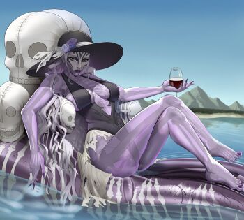 1girl absurdres alcohol beach black_lips black_one-piece_swimsuit blue_sky bone breasts cleavage commission commissioner_upload covered_erect_nipples covered_navel crossed_legs cup cupping_glass demdeet dress drinking_glass facial_mark fingernails fire_emblem fire_emblem_heroes flower hat hel_(fire_emblem) highleg highleg_one-piece_swimsuit highres holding holding_cup inflatable_chair lake long_fingernails looking_at_viewer mountain nail_polish nintendo one-piece_swimsuit red_wine rose see-through_body sharp_fingernails sitting skeleton skull sky sun_hat swimsuit thighs toenails torn_clothes torn_dress translucent water wet wine wine_glass
