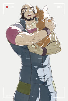 Rule 34 | :d, animal, bald, bara, beard, black hair, bulge, cowboy bebop, dog, ein (cowboy bebop), facial hair, haku (pixiv 98785262), highres, holding, holding animal, holding dog, hug, jet black, licking, licking another's face, mature male, muscular, muscular male, one eye closed, open mouth, scar, scar across eye, scar on face, short sleeves, simple background, smile, standing, thick eyebrows, viewfinder