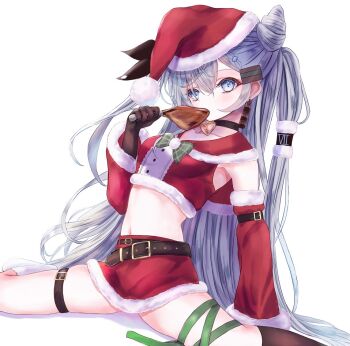 Rule 34 | 1girl, alternate costume, black choker, black gloves, breasts, chicken (food), choker, elbow gloves, food, fur-trimmed headwear, fur-trimmed shirt, fur-trimmed skirt, fur trim, gloves, grey eyes, grey hair, hat, hololive, hololive indonesia, long hair, looking at viewer, medium breasts, megts0331, navel, red hat, red shirt, red skirt, santa costume, santa hat, shirt, skirt, solo, very long hair, vestia zeta, virtual youtuber