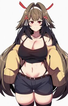 1girl absurdres alternate_costume bare_shoulders belt black_bra black_panties black_thighhighs blue_shorts blush bra breasts brown_hair closed_mouth clover clover_hair_ornament collarbone commentary cowboy_shot crop_top droopy_ears hair_ornament hairband highres hinghoi jacket large_breasts long_hair looking_at_viewer midriff navel off_shoulder open_clothes panties red_eyes shorts simple_background sleeves_past_fingers sleeves_past_wrists smile solo string_panties thighhighs underwear very_long_hair white_background white_hairband ye_shunguang yellow_jacket zenless_zone_zero