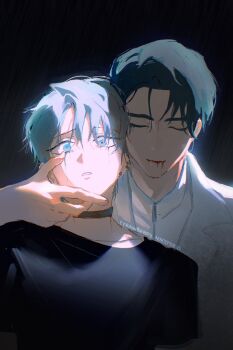 2boys alien_stage artist_name black_shirt blood blood_from_mouth choker closed_eyes commentary ear_piercing earrings english_commentary grey_choker grey_eyes grey_hair hand_on_another&#039;s_chin highres ivan_(alien_stage) jewelry makeup male_focus multiple_boys parted_lips piercing runny_makeup sberrymacchiato shirt signature till_(alien_stage) white_shirt