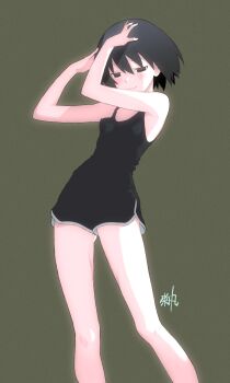 Rule 34 | 1girl, absurdres, armpits, artist name, bare shoulders, black eyes, black shorts, black tank top, blush, bob cut, breasts, closed mouth, commentary, dolphin shorts, empty eyes, feet out of frame, green background, hair between eyes, half-closed eyes, hands on own head, highres, kikumaru bunta, light smile, looking at viewer, monogatari (series), oshino ougi, pale skin, short hair, short shorts, shorts, signature, sleeveless, small breasts, smile, solo, standing, tank top, translated, white trim