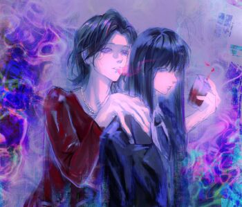 2girls abstract_background absurdres behind_another black_hair black_jacket blunt_bangs chinese_commentary closed_mouth collared_jacket daiduo802 from_side gil_somyung hand_on_another&#039;s_shoulder heavy_breathing highres holding holding_juice_box jacket jewelry juice_box like_mother_like_daughter long_hair long_sleeves looking_to_the_side mother_and_daughter multicolored_eyes multiple_girls necklace necktie open_mouth parted_bangs purple_background red_necktie red_pupils red_shirt shaded_face shirt short_hair smoke smoke_trail somyung&#039;s_mother_(like_mother_like_daughter) standing teeth upper_body