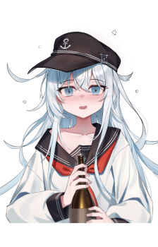 1girl absurdres anchor_symbol black_hat black_sailor_collar blue_eyes blue_hair blush bottle collarbone commentary cropped_torso di_le_to double-parted_bangs drunk full-face_blush hair_between_eyes hat hat_pin hibiki_(kancolle) highres holding holding_bottle kantai_collection long_hair long_sidelocks long_sleeves looking_at_viewer messy_hair neckerchief off_shoulder open_mouth red_neckerchief sailor_collar saliva saliva_trail school_uniform serafuku sidelocks simple_background solo squeans white_background wine_bottle