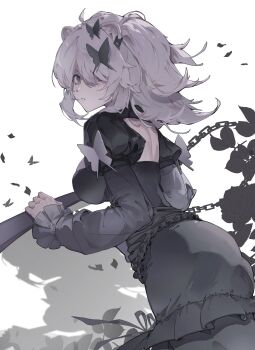 Rule 34 | 1girl, absurdres, ahoge, alternate costume, anger vein, animal ear piercing, animal ears, arched back, ass, back cutout, black dress, breasts, clothing cutout, commentary request, cowboy shot, dress, frilled dress, frills, grey eyes, grey hair, hair over one eye, highres, holding, holding weapon, hololive, juliet sleeves, large breasts, layered dress, leaning forward, lion ears, long dress, long hair, long sleeves, looking at viewer, median furrow, messy hair, puffy sleeves, shishiro botan, sidelocks, simple background, solo, two side up, v-shaped eyebrows, virtual youtuber, weapon, white background, wool1997