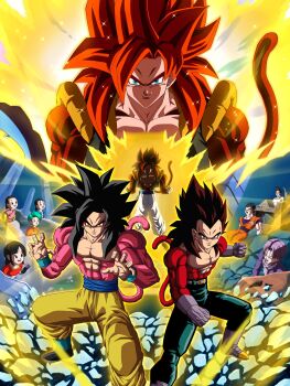 Rule 34 | aura, black vest, blue eyes, blue sash, body fur, bulma, chi-chi (dragon ball), dragon ball, dragon ball gt, gogeta, group picture, hashtag-only commentary, highres, long hair, looking at viewer, metamoran vest, monkey tail, multiple boys, muscular, muscular male, no shirt, open clothes, open vest, pan (dragon ball), pants, powering up, red fur, red hair, sash, son gohan, son goku, son goten, spiked hair, super saiyan, super saiyan 4, tail, trunks (dragon ball), urotakanata02, vegeta, vest, white pants