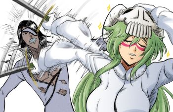 1boy 1girl attack black_hair bleach breasts closed_eyes espada facial_mark green_hair holding holding_sword holding_weapon hollow_mask ivizard_art93 large_breasts long_hair mask mask_on_head medium_hair motion_lines naoya_hitting_choso_without_looking_(meme) nelliel_tu_odelschwanck nnoitra_gilga simple_background skull_on_head sword teeth weapon white_background