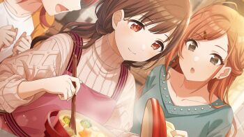 apron arisugawa_natsuha brown_hair earrings food game_cg grey_eyes highres holding idolmaster idolmaster_shiny_colors idolmaster_shiny_colors_song_for_prism jewelry official_art open_mouth orange_hair red_eyes smile sonoda_chiyoko steam