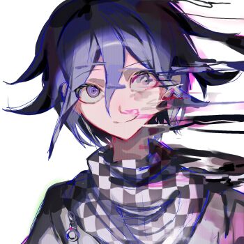1boy blood blood_on_face checkered_clothes checkered_scarf closed_mouth commentary danganronpa_(series) danganronpa_v3:_killing_harmony disintegration flipped_hair gahagahay526 hair_between_eyes highres looking_at_viewer male_focus nosebleed oma_kokichi pink_blood portrait purple_eyes purple_hair ringed_eyes scarf short_hair simple_background smile solo surreal two-tone_scarf white_background