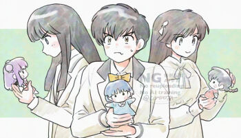 1girl 2boys black_hair blue_dress blue_hair blush_stickers bow braid brown_hair character_doll closed_mouth commentary_request con_sonne doll double_bun dress formal_clothes hair_bow hair_bun hibiki_ryouga holding holding_doll implied_hetero kuonji_ukyou long_hair male_focus mousse_(ranma_1/2) multiple_boys purple_hair ranma_1/2 saotome_ranma shampoo_(ranma_1/2) short_hair single_braid smile straight_hair suit tendou_akane v-shaped_eyebrows watermark yellow_dress yellow_eyes yellow_suit