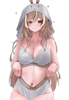 1girl black_streaks breasts brown_eyes brown_hair closed_mouth feather_hair_ornament feathers hair_ornament heart highres hololive hololive_english hood hood_up large_breasts long_hair looking_at_viewer nanashi_mumei navel panties panty_pull pulling_own_clothes solo sports_bra sports_panties underwear unmeidesu virtual_youtuber white_background white_panties white_sports_bra white_streaks