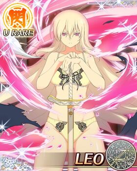 1girl aquarius_(symbol) aries_(symbol) aura blonde_hair border bow bow_bra bra breasts cancer_(symbol) capricorn_(symbol) card_(medium) character_name collarbone dodecagram energy exploding_clothes frown gemini_(symbol) hair_between_eyes hands_on_hilt holding holding_sword holding_weapon lace lace-trimmed_bra lace-trimmed_panties lace_trim large_breasts leo_(senran_kagura) leo_(symbol) libra_(symbol) long_hair official_art outside_border panties pisces_(symbol) planted planted_sword planted_weapon purple_eyes sagittarius_(symbol) scabbard school_emblem scorpio_(symbol) senran_kagura senran_kagura_new_wave serious sheath sheathed solo sparkle sword taurus_(symbol) underwear v-shaped_eyebrows very_long_hair virgo_(symbol) weapon yellow_bra yellow_panties zodiac_wheel