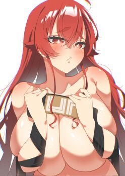 1girl aged_up ahoge blush breast_press breasts closed_mouth crossed_bangs eris_greyrat hair_between_eyes hand_wraps highres large_breasts long_hair mushoku_tensei red_eyes red_hair simple_background solo thick_eyebrows very_long_hair white_background yabudori