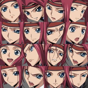 1girl anime_screenshot blue_eyes blush code_geass collage grey_background headband highres kouzuki_kallen looking_at_viewer open_mouth red_hair short_hair simple_background smile solo sprite_sheet super_robot_wars super_robot_wars_z super_robot_wars_z3