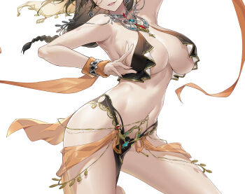 1girl arabian_clothes armpit_crease armpits belly_chain black_hair bracelet breasts dancer dancing harem_outfit head_out_of_frame highres jewelry large_breasts long_hair open_mouth original pelvic_curtain revealing_clothes shanyao_jiang_tororo sideboob simple_background snowbreak:_containment_zone solo vidya_shannon vidya_shannon_-_agave vidya_shannon_-_agave_(dance_by_firelight) white_background