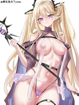1girl absurdres alternate_breast_size_(larger) arknights artist_name blonde_hair blush breast_curtains breasts cameltoe closed_mouth cowboy_shot detached_sleeves heart heart_o-ring highres holding holding_staff indigo_(arknights) large_breasts long_hair long_sleeves looking_at_viewer luhuaic navel nipples o-ring panties pointy_ears purple_eyes purple_panties see-through_clothes showgirl_skirt simple_background smile solo staff thigh_gap thigh_strap thong underwear very_long_hair white_background wide_sleeves