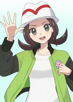 1girl :d absurdres aoneko4ao_(edwf7745) brown_hair collarbone commentary_request green_jacket happy harmony_(pokemon) hat highres jacket nintendo open_clothes open_jacket open_mouth pokemon pokemon_legends:_z-a shirt smile solo spread_fingers teeth twintails twitter_username upper_body upper_teeth_only watermark white_hat white_shirt